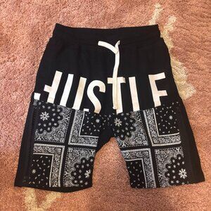 GET FAME US Men's Hustle Sweat Shorts Paisley Black White Zipper Leg Pockets - L